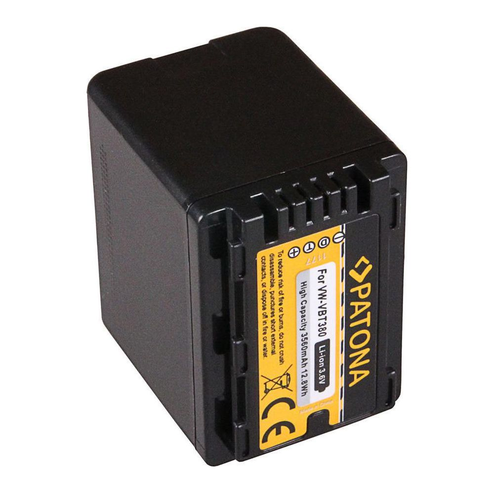 Batteria nera con etichetta gialla, modello VW-VBT380, 3560mAh.