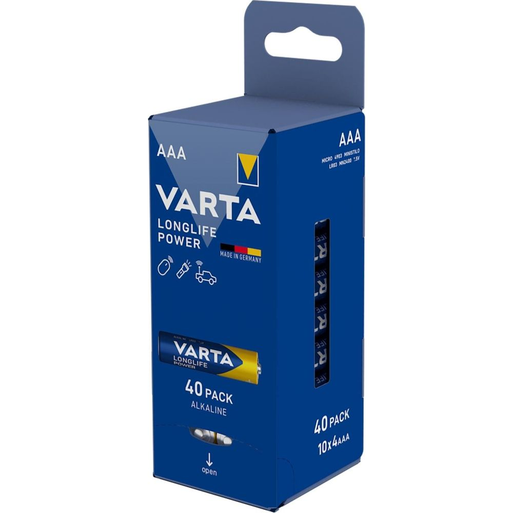 Pudełko 40 baterii alkalicznych AAA Varta Longlife Power, wyprodukowano w Niemczech.