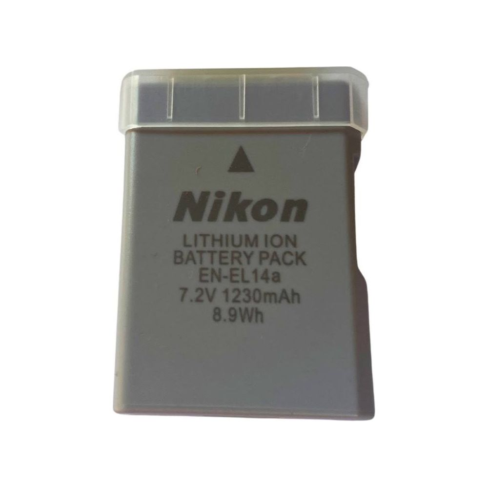 Grauer Nikon EN-EL14a Akku mit durchsichtiger Kappe. 7,2V, 1230mAh.