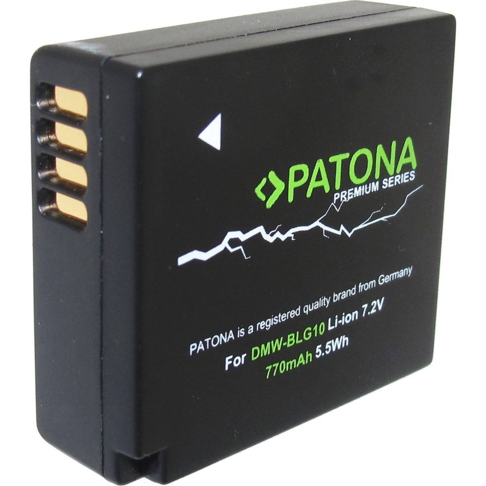 Schwarzer Akku mit grüner PATONA-Aufschrift und technischen Details.