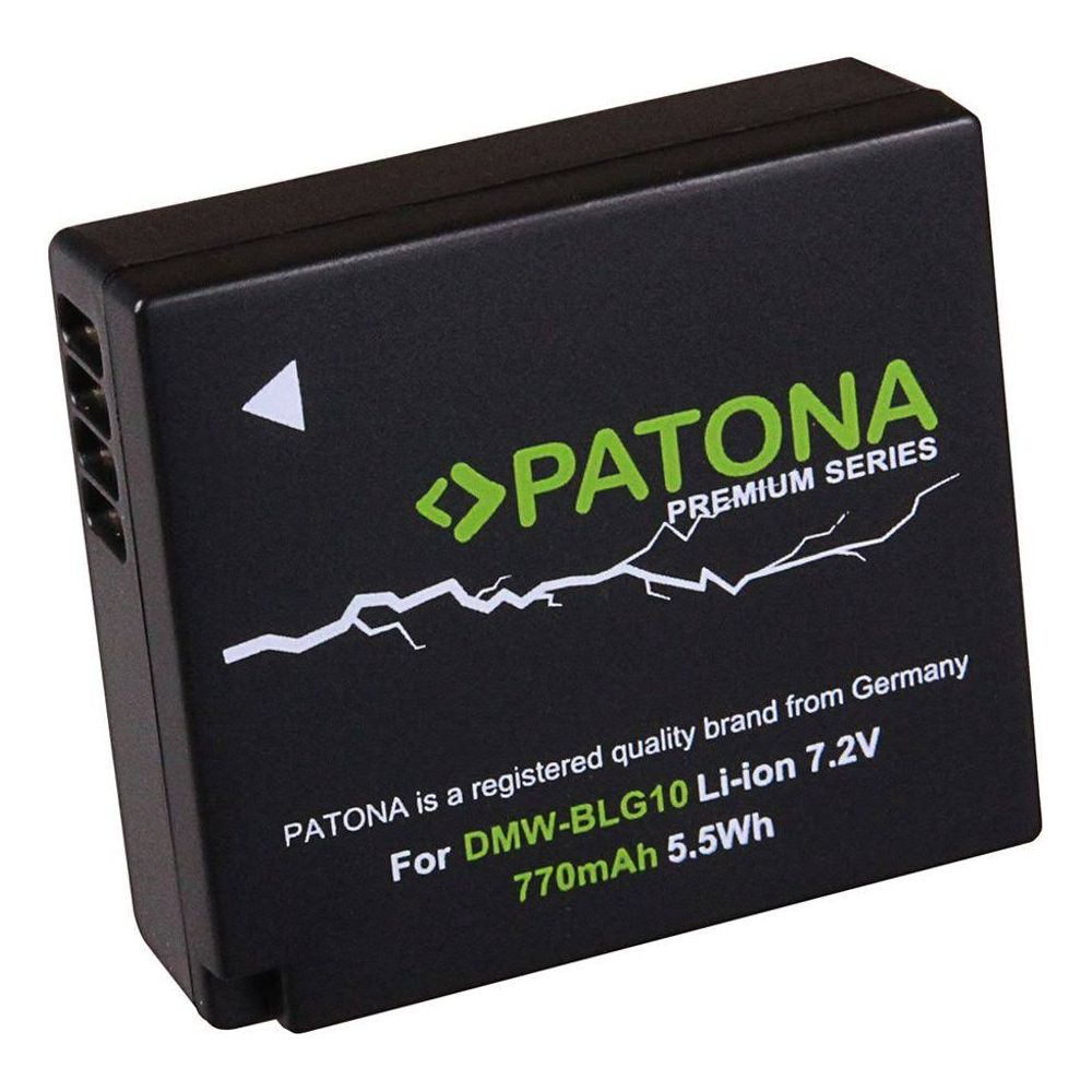 Schwarzer Akku mit "PATONA PREMIUM SERIES" Schriftzug und technischen Daten.