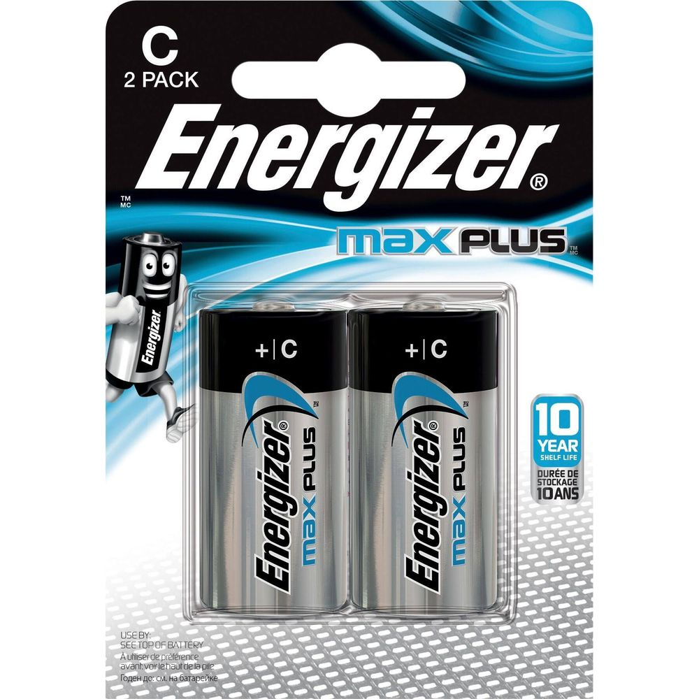 Dwie baterie C Energizer Max Plus w srebrnym opakowaniu z niebieskimi akcentami.