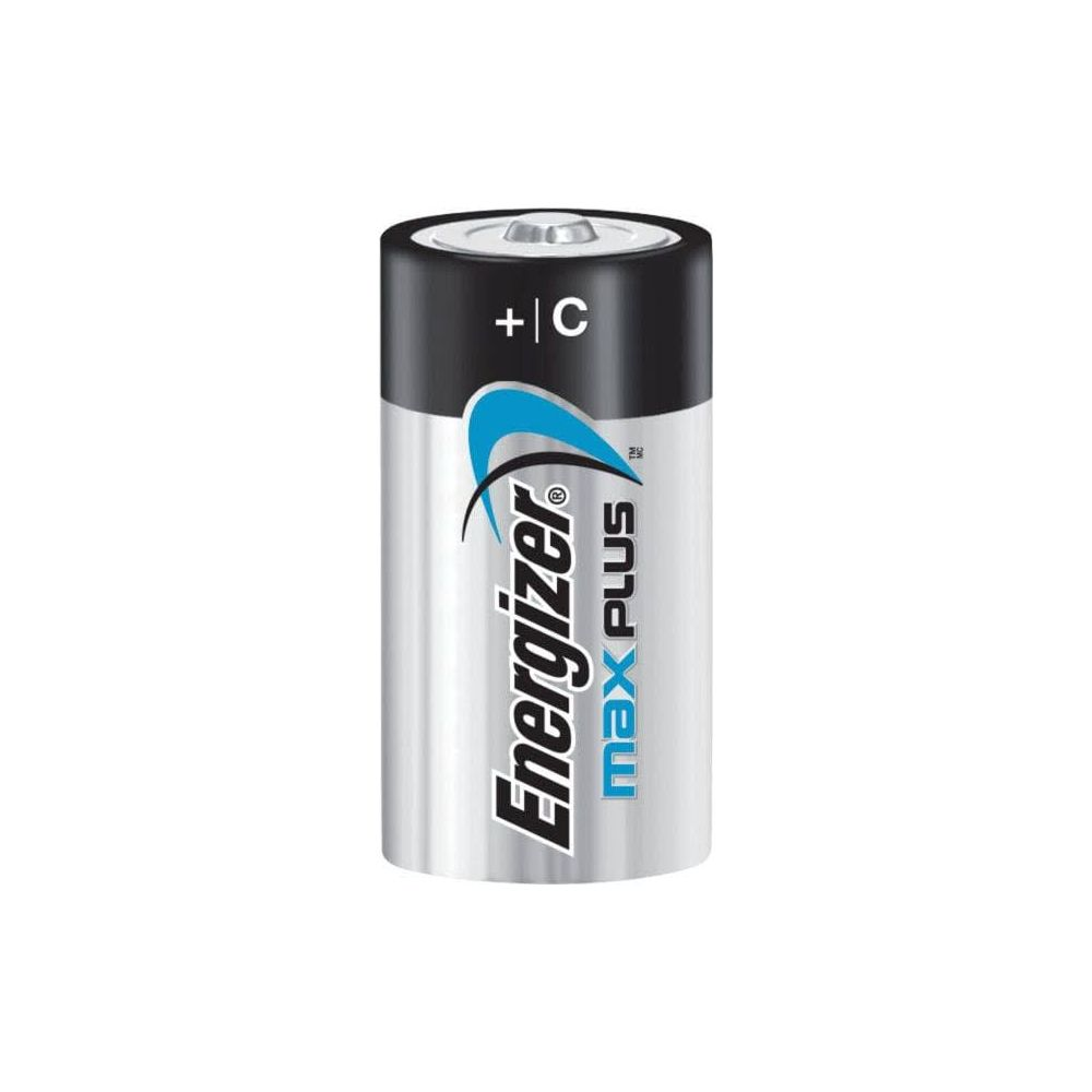 Pojedyncza bateria C Energizer Max Plus na białym tle.