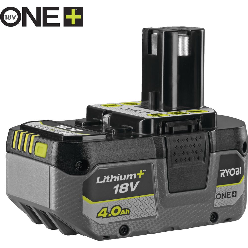 Grauer Ryobi 18V Lithium+ 4,0Ah Akku mit schwarzem Aufsatz.