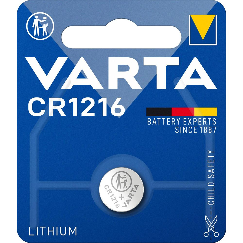 Varta CR1216 Lithium coin cell battery with child safety warning.