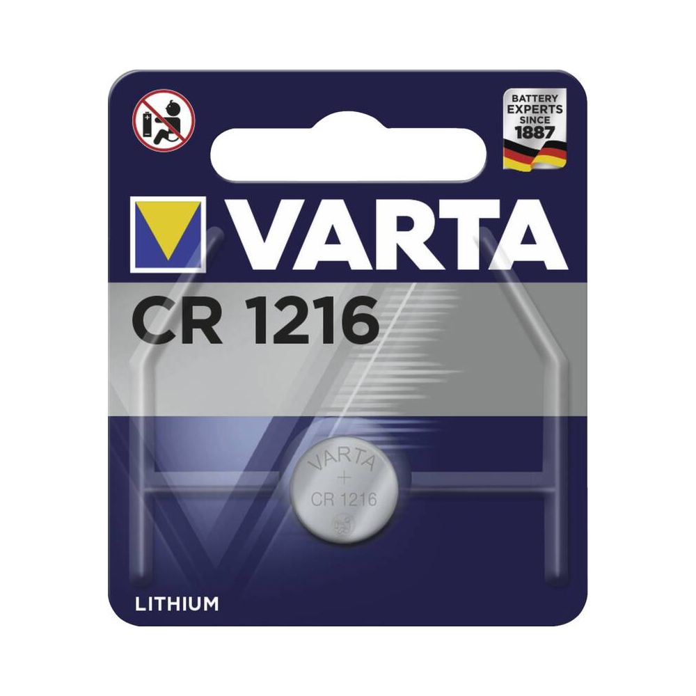 Varta CR 1216 lithium battery packaging with warning symbol and German flag.