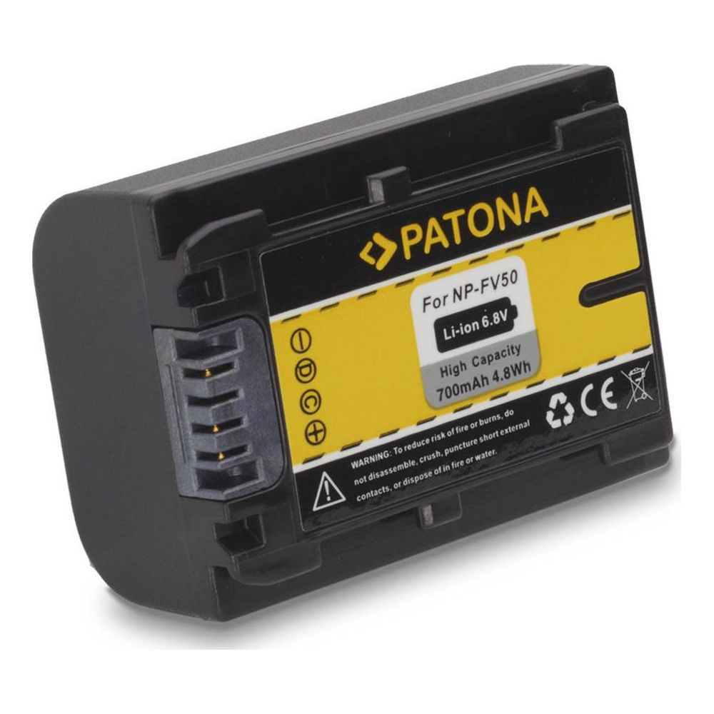 Schwarzer Akku mit gelbem Etikett, PATONA, für NP-FV50, 6.8V, 700mAh.
