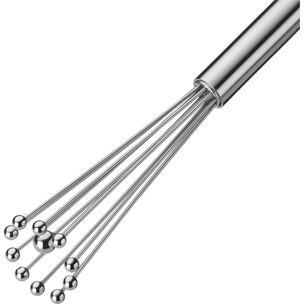 Metalowa trzepaczka z gładką rączką i cienkimi drucikami zakończonymi kulkami.