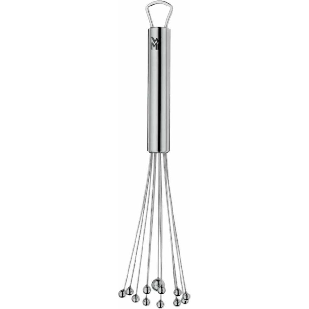 Srebrna trzepaczka z kulkami na końcach i logo na rączce.