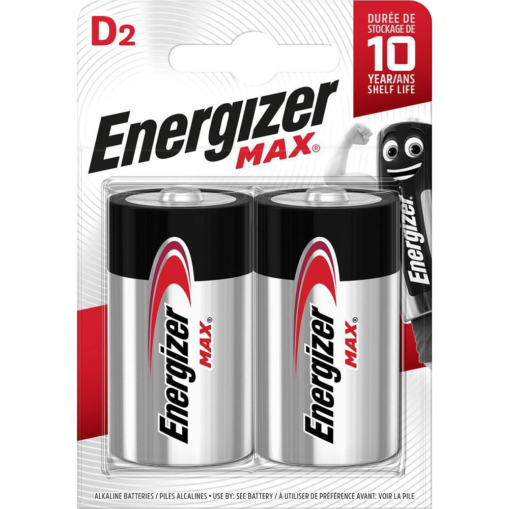 Dwie baterie D2 Energizer Max w blistrze z 10-letnim terminem przydatności.