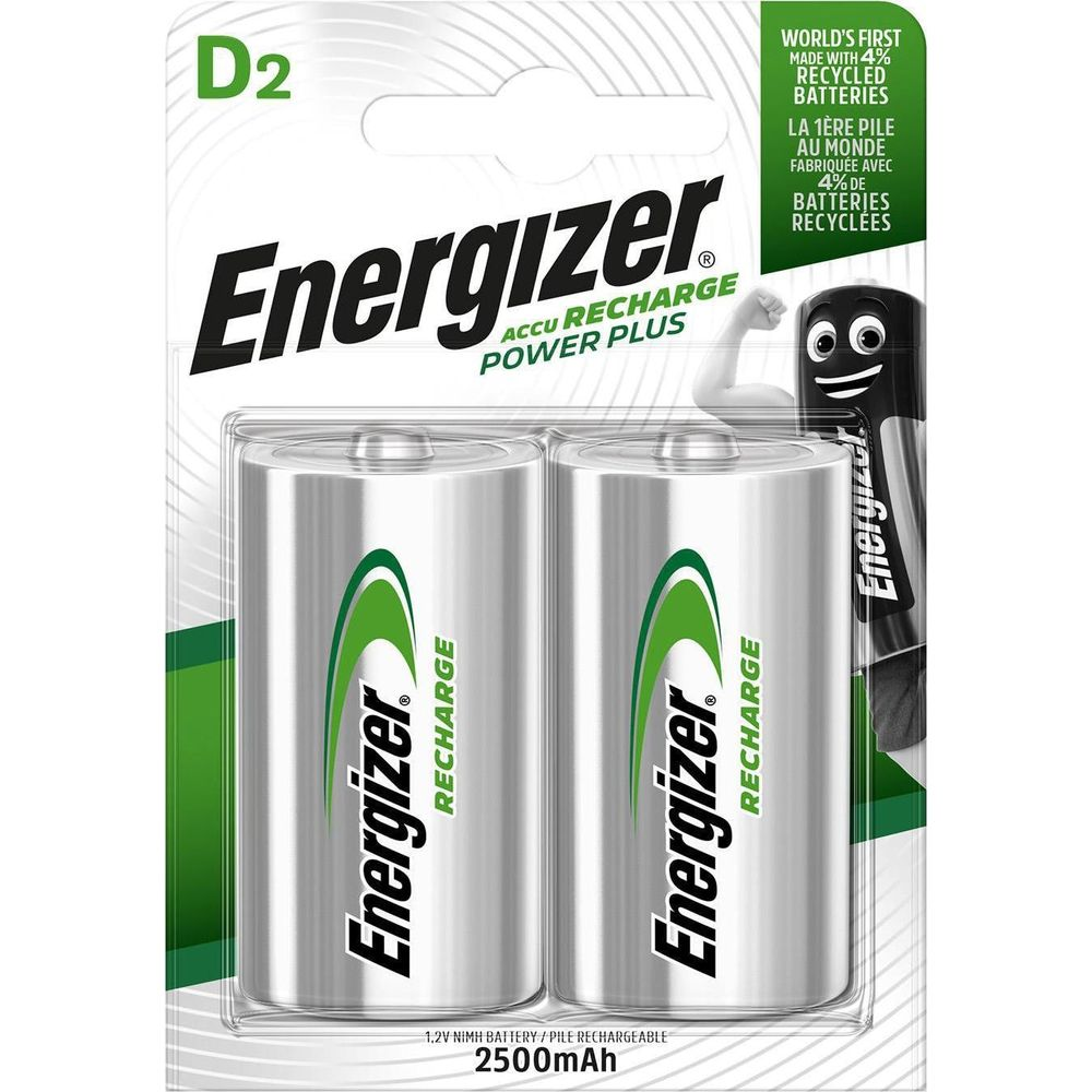 Opakowanie dwóch akumulatorów Energizer D2. Srebrne z zielonym logo.