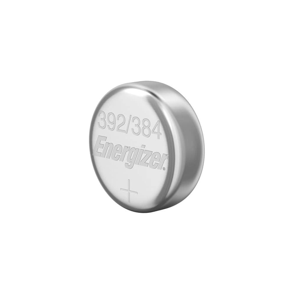 Eine silberne Knopfzelle mit der Aufschrift 392/384 Energizer und einem Pluszeichen.
