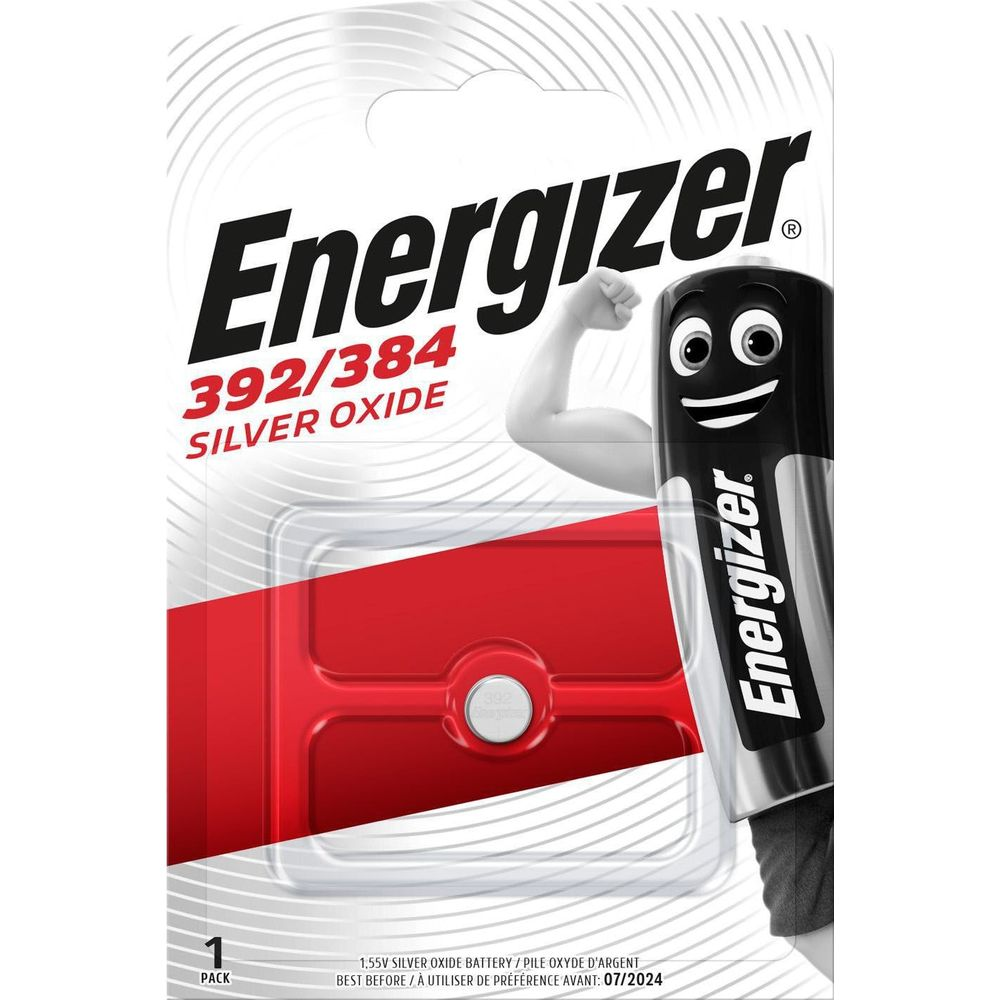 Energizer 392/384 Silberoxid-Batterie mit Comic-Gesicht und gestrecktem Arm.