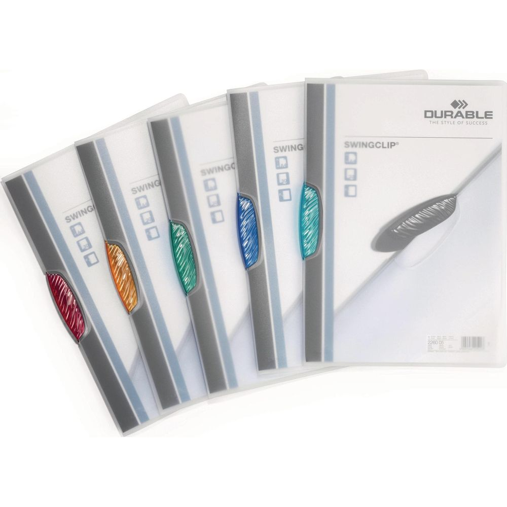 Pięć przezroczystych segregatorów z kolorowymi klipsami: czerwony, pomarańczowy, zielony, niebieski i turkusowy.