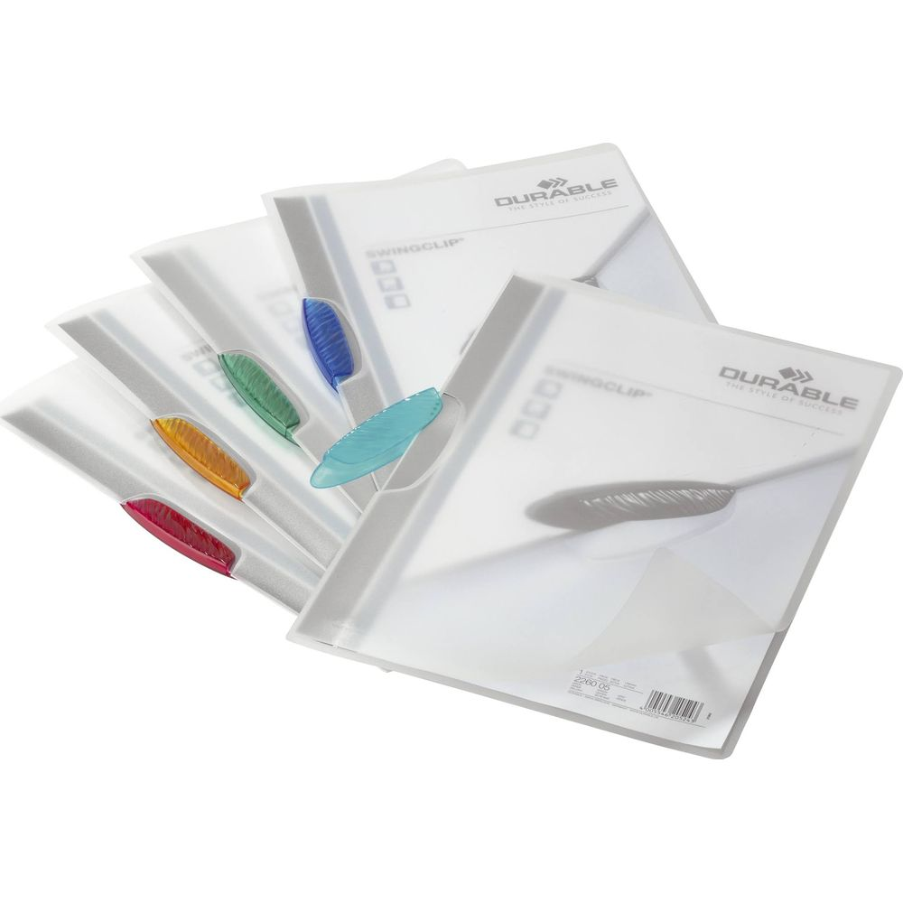 Kilka przezroczystych folderów z kolorowymi klipsami: czerwony, pomarańczowy, zielony, niebieski, turkusowy.