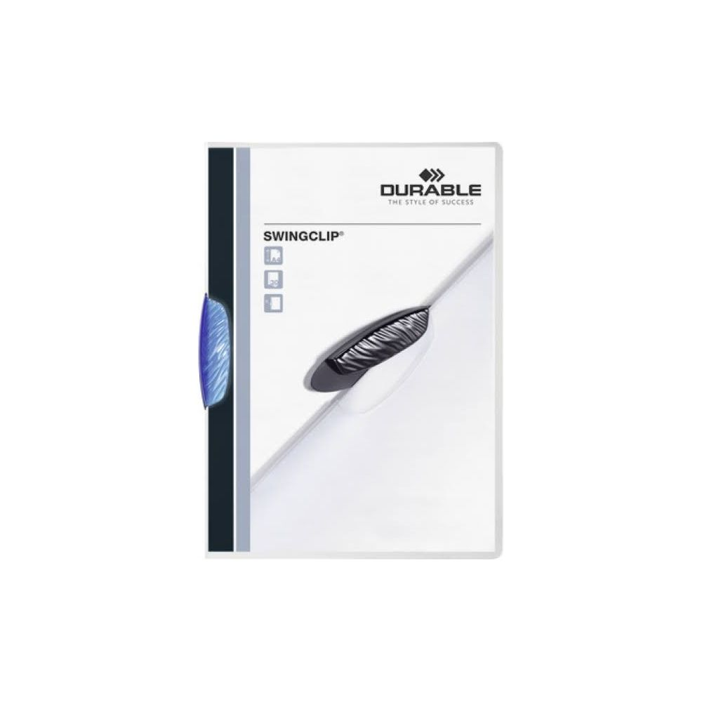 Biały folder z czarnym i niebieskim klipsem, logo z przodu.