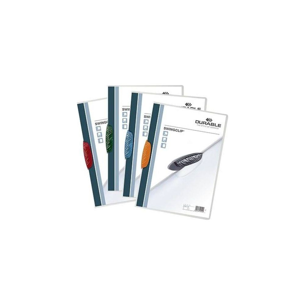 Cztery foldery z kolorowymi klipsami: czerwonym, zielonym, niebieskim i pomarańczowym.