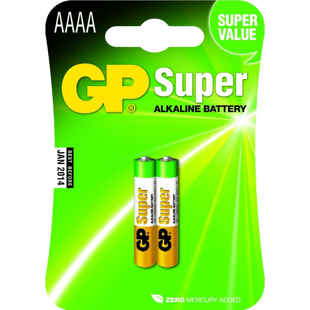 Due pile alcaline AAA GP Super in confezione verde, con data 'Best Before Jan 2014'.