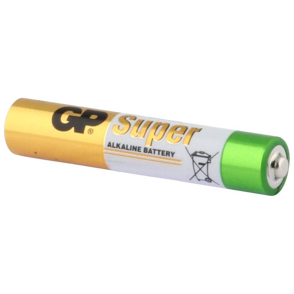 Una batteria AA dorata con punta verde e marchio "GP Super".