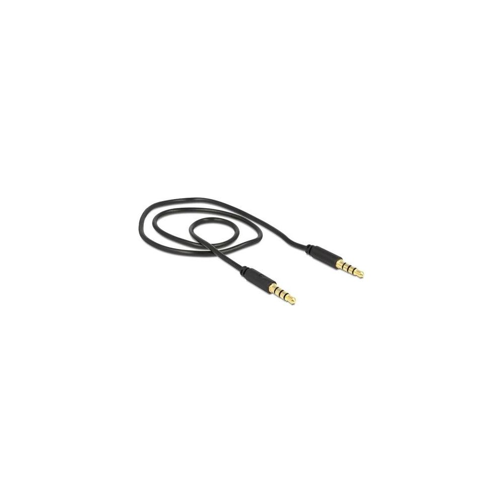 A black audio cable with two 3.5mm connectors, coiled.