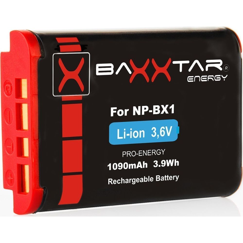Schwarzer Akku mit roten Akzenten, Li-Ion 3,6V, 1090mAh, wiederaufladbar.