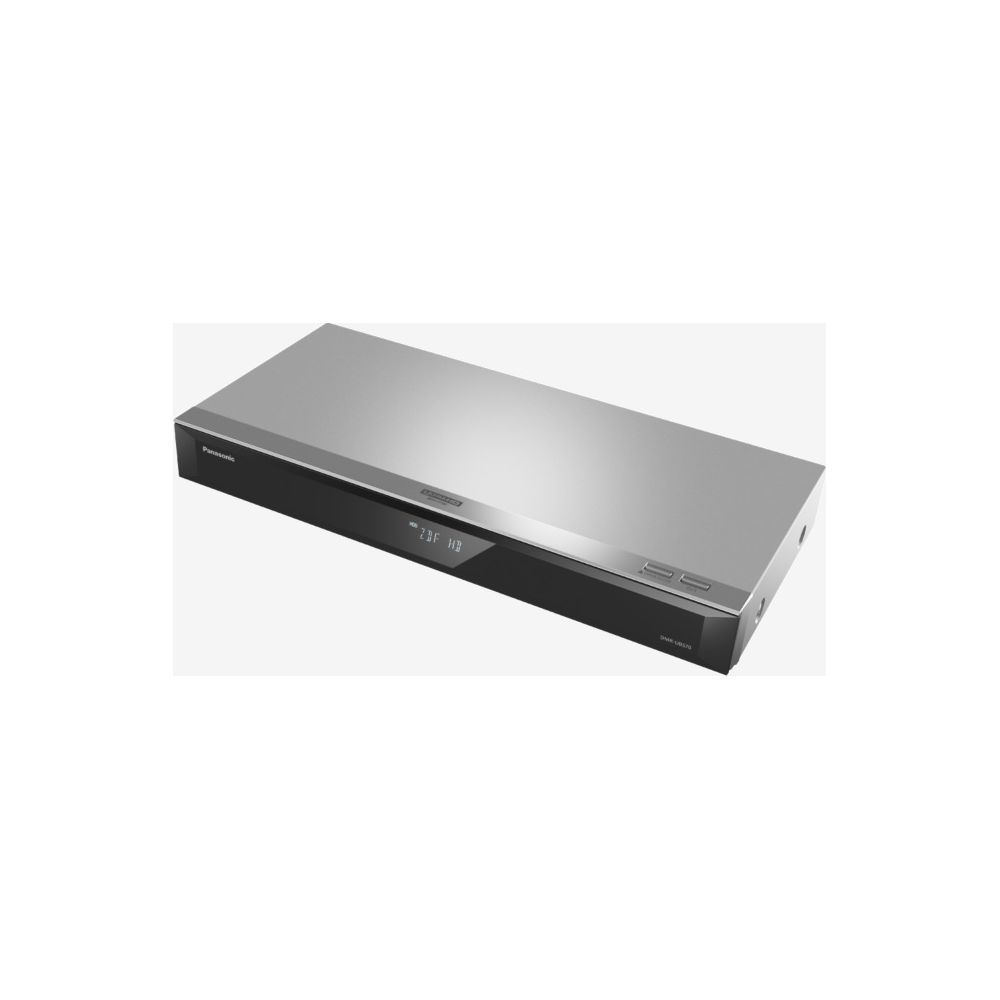 Srebrny odtwarzacz Blu-ray Panasonic z czarnym frontem i wyświetlaczem.