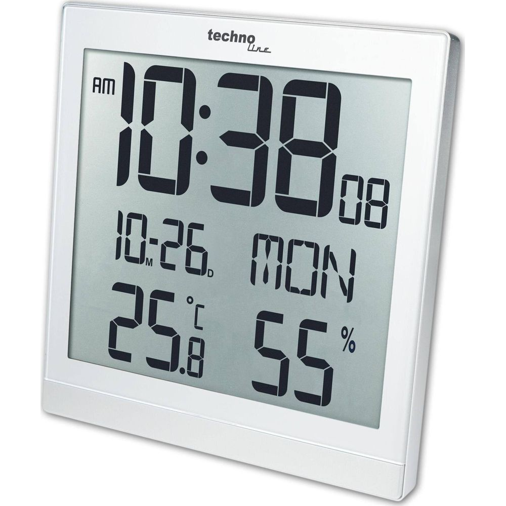 Horloge numérique affiche 10h38, date, 25.8°C et 55% d'humidité.