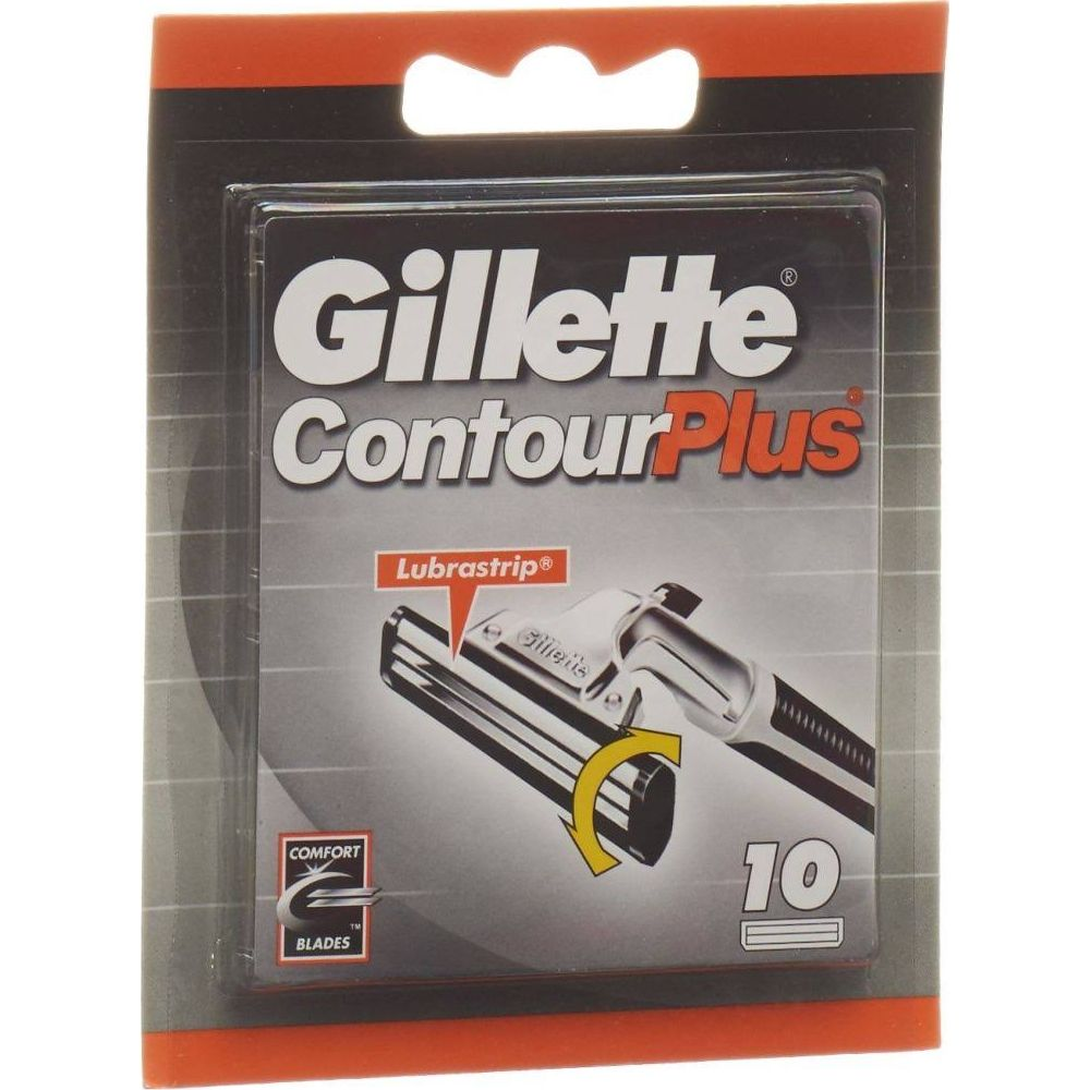 Gillette Contour Plus Rasierklingenpackung mit 10 Klingen und Lubrastrip.