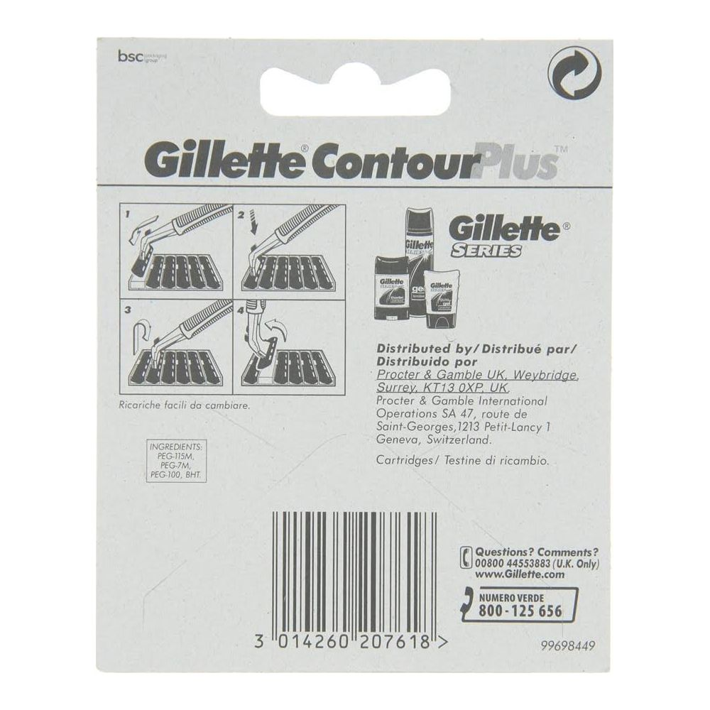 Verpackung mit Gillette Contour Plus Rasiereinsätzen und Gebrauchsanweisungen.