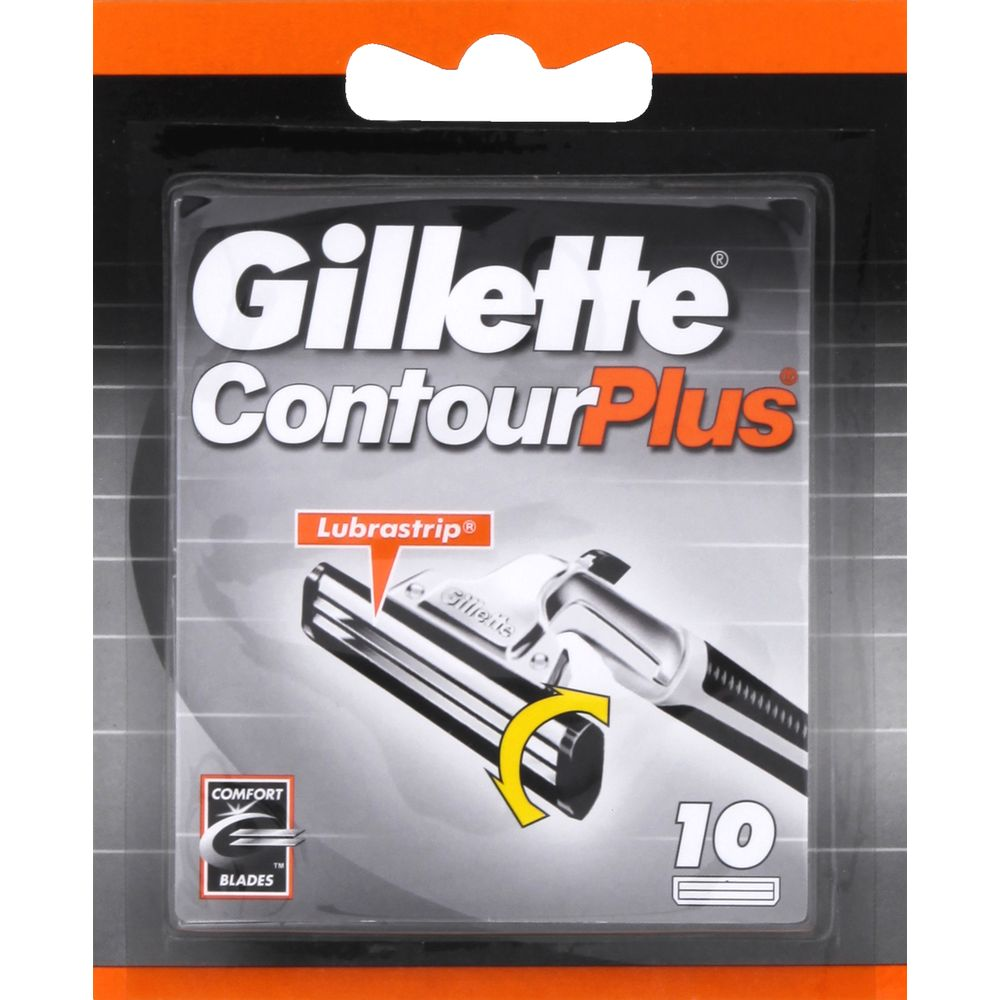 Gillette Contour Plus Rasierklingen-Packung mit 10 Stück und Lubrastrip.