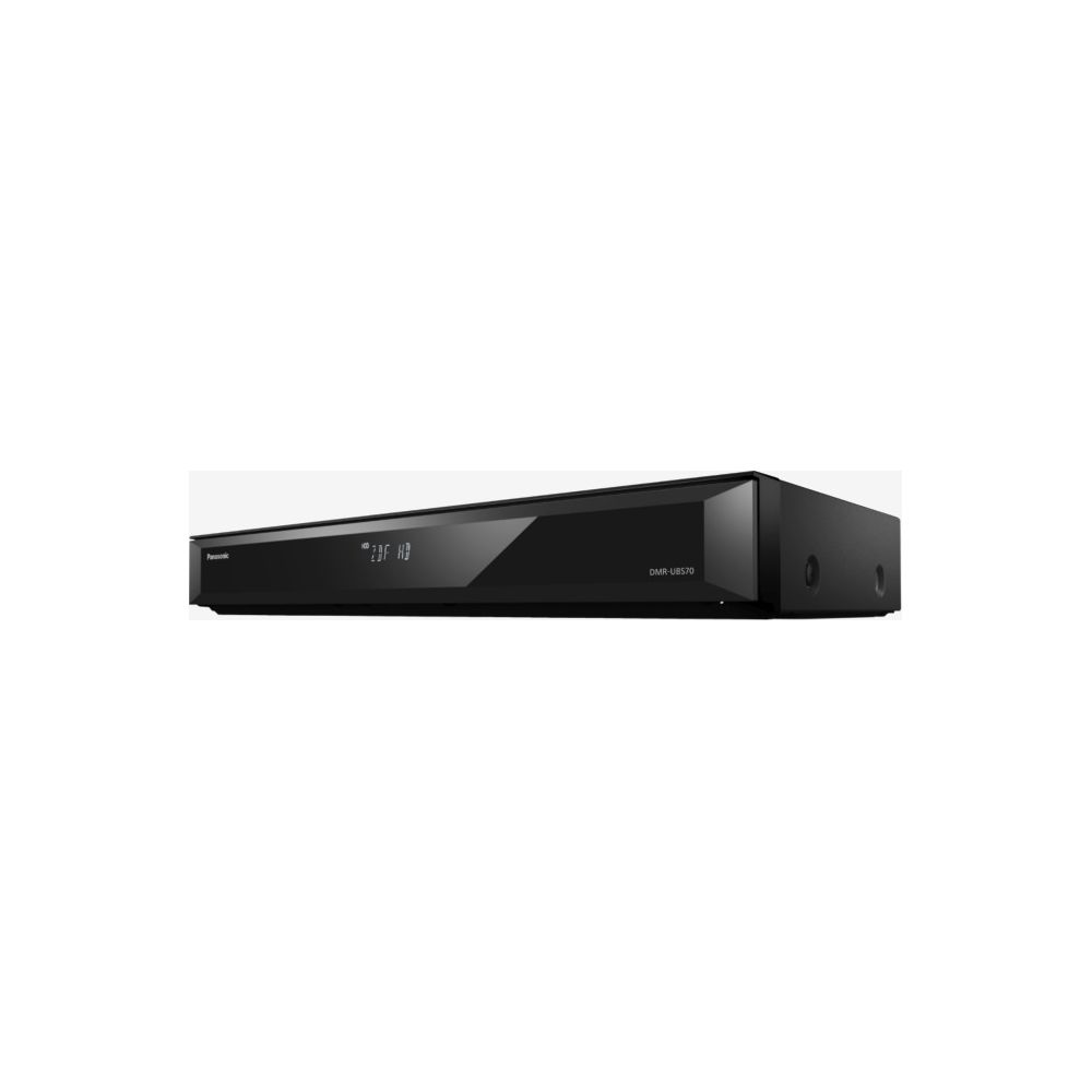 Ein schlanker schwarzer Panasonic Blu-ray-Player mit Display.