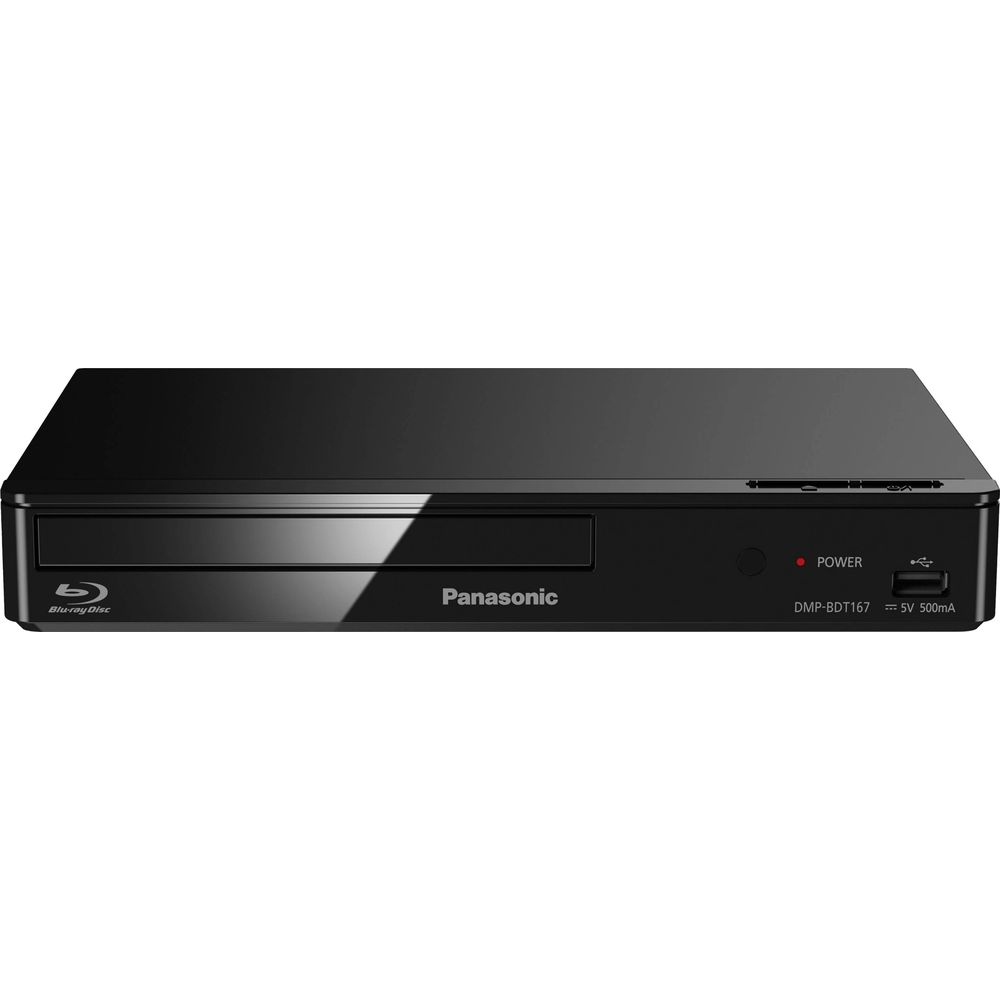 Czarny odtwarzacz Blu-ray Panasonic DMP-BDT167 z gniazdem na płytę i przyciskiem zasilania.