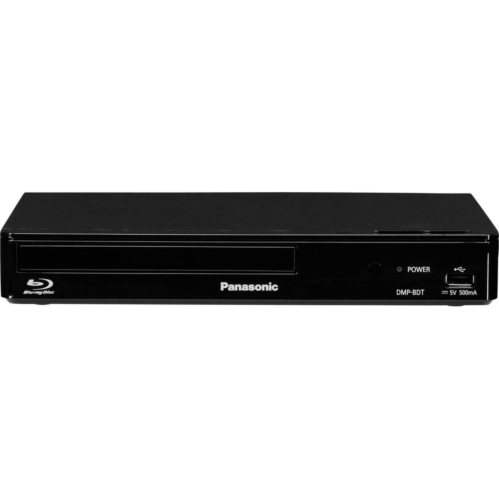Czarny odtwarzacz Blu-ray Panasonic ze slotem na płytę, przyciskiem zasilania i portem USB.