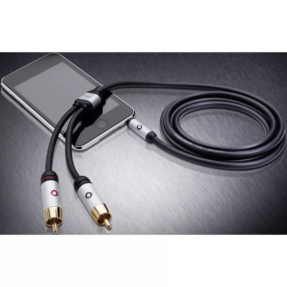 Un câble noir avec deux fiches RCA se connecte à un smartphone.