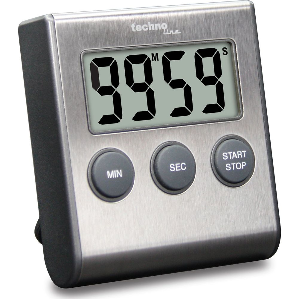 Edelstahl-Küchenwecker mit großem Display und drei Tasten: Min, Sec, Start/Stop.