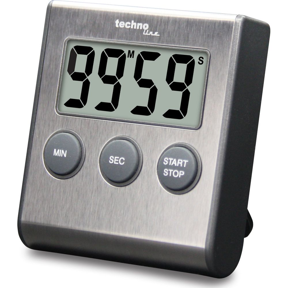 Edelstahl-Küchentimer mit digitaler Anzeige und drei Knöpfen.