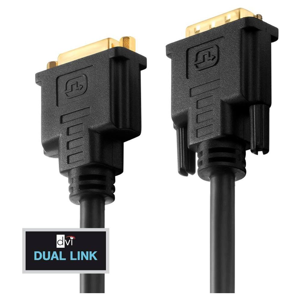 Zwei schwarze DVI-Kabelstecker mit goldenen Pins und DVI DUAL LINK Logo.