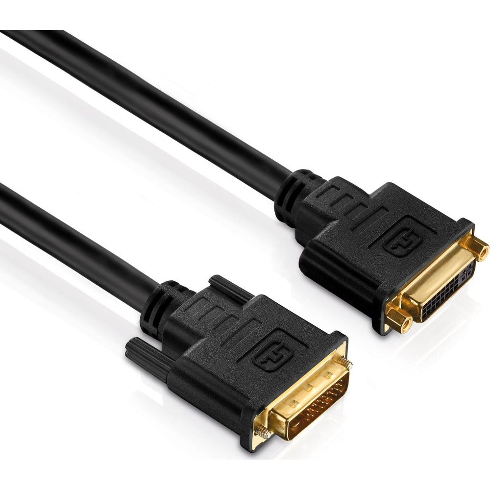 Zwei schwarze DVI-Kabel mit goldenen Anschlüssen auf weißem Hintergrund.