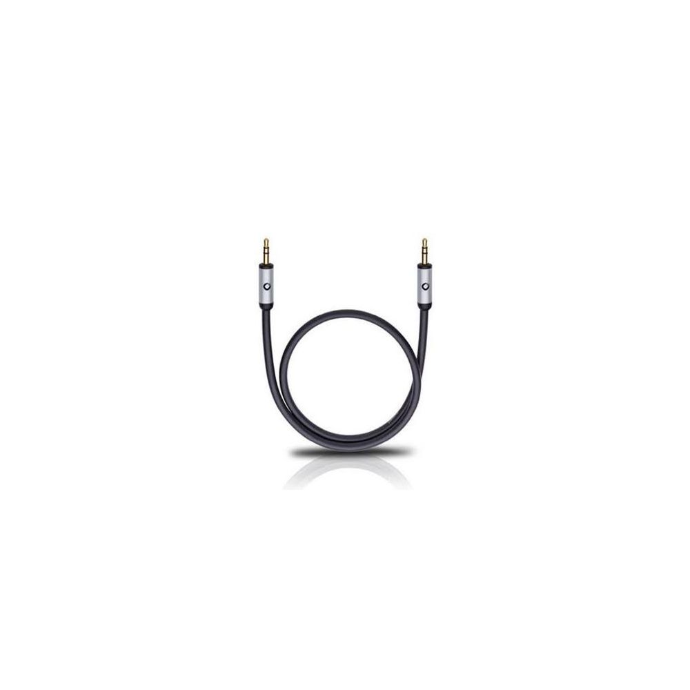Un câble audio noir avec deux fiches jack 3,5 mm, formant une boucle.