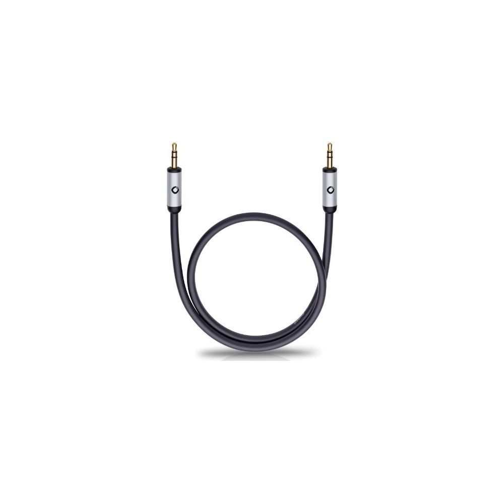 Un câble audio noir avec des connecteurs de 3,5 mm aux deux extrémités, plié en boucle.