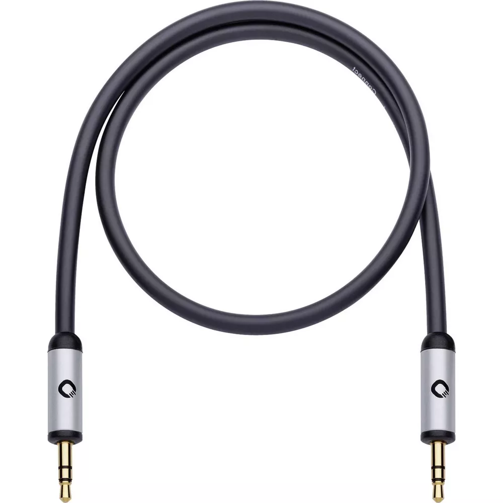Un câble audio noir avec deux connecteurs jack dorés de 3,5 mm, en boucle.