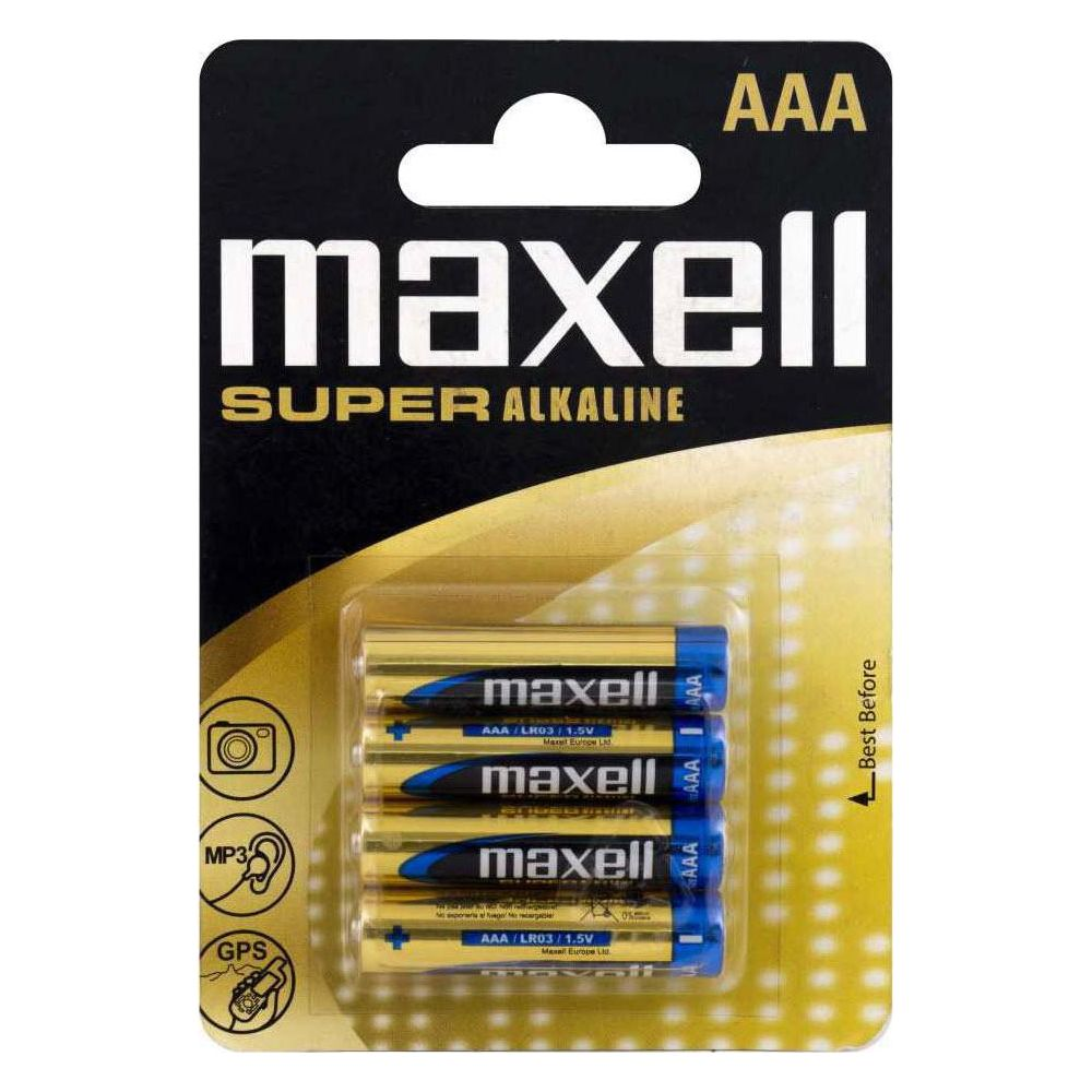 Baterie Maxell AAA Super Alkaline w blistrze, złote z niebieskimi akcentami.