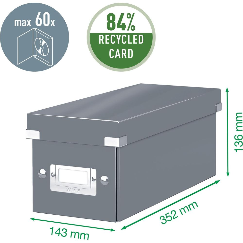 Graue Aufbewahrungsbox mit Deckel, Maße 352x143x136mm. 84% Recyclingkarte.