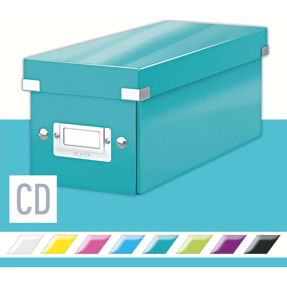 Türkisblaue CD-Aufbewahrungsbox mit silbernen Ecken und Etikettenhalter.
