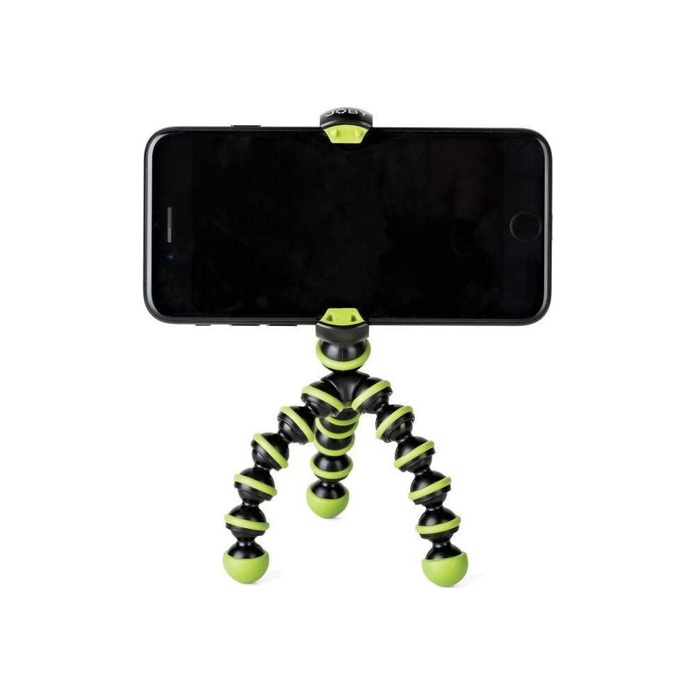 Uno smartphone nero tenuto da un treppiede Gorillapod flessibile, nero e verde.
