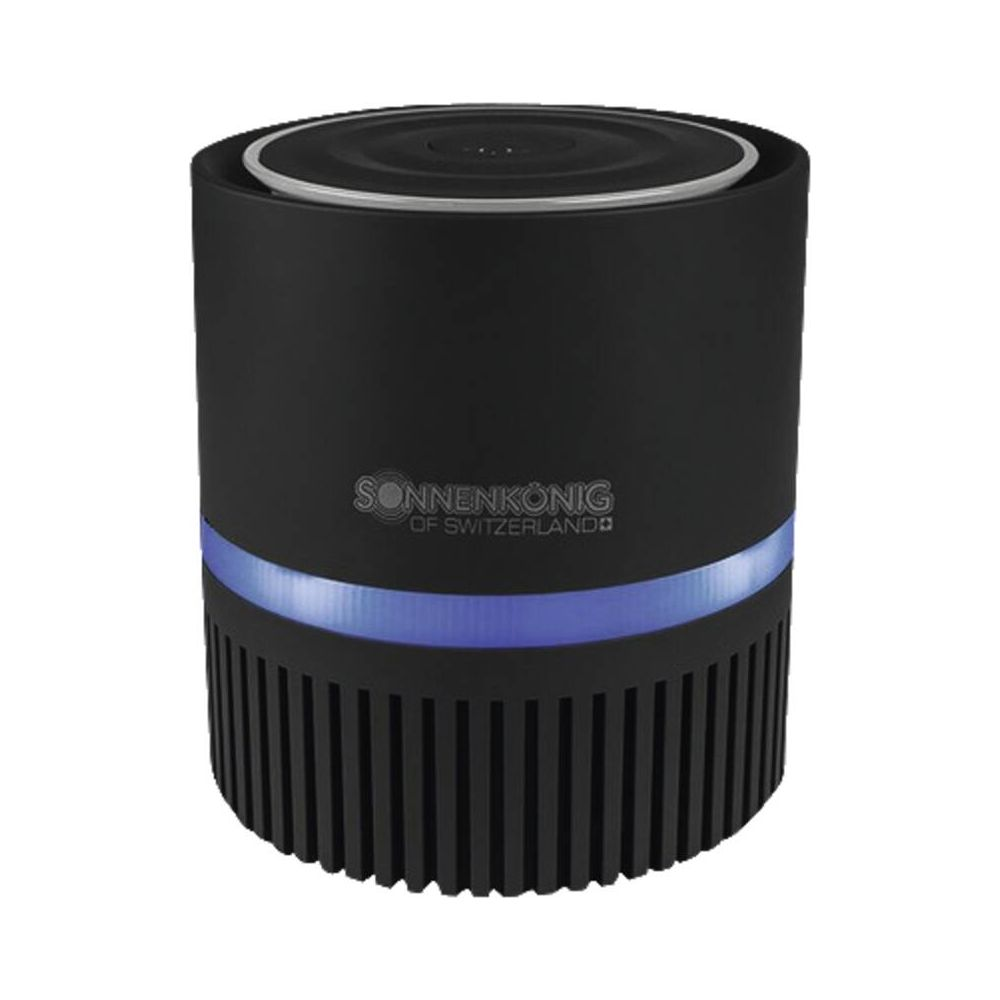 Purificateur d'air cylindrique noir avec bande lumineuse bleue et base nervurée.