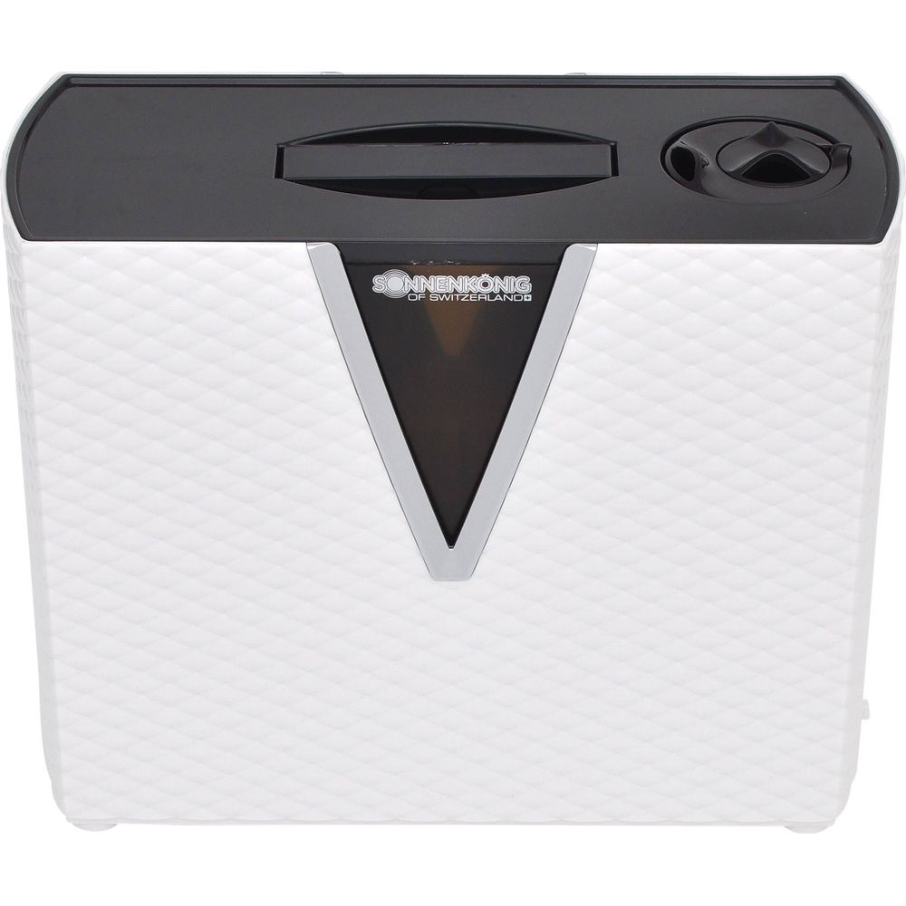Une déchiqueteuse blanche avec un dessus noir et une fenêtre en forme de V.