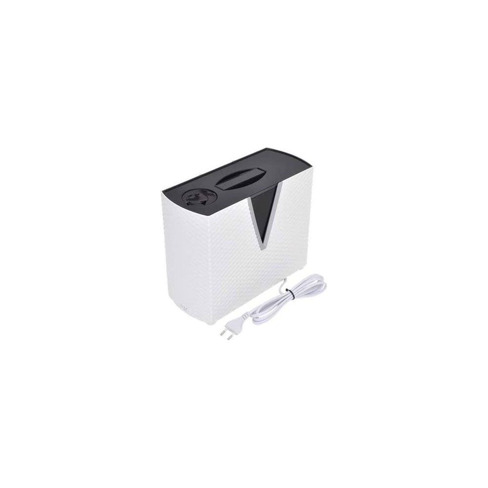 Un humidificateur blanc avec un dessus noir et un cordon.