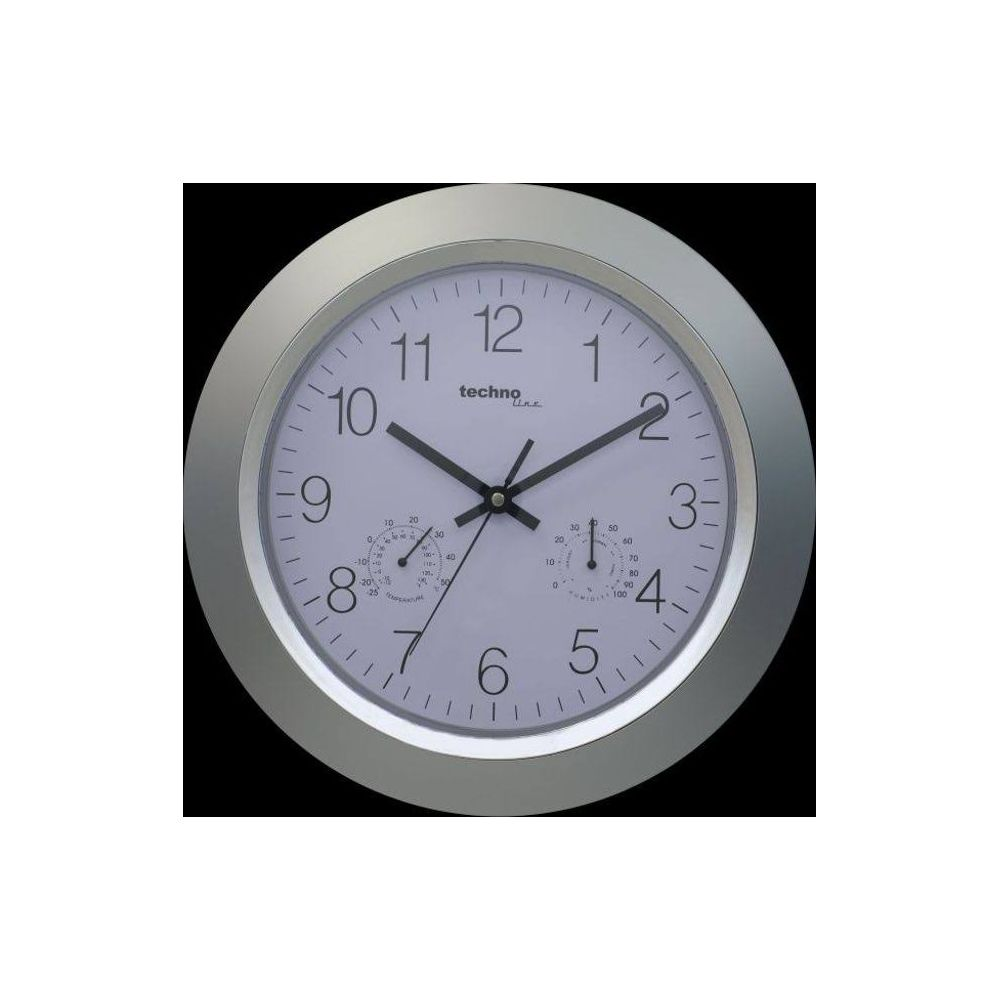 Un orologio da parete rotondo con cornice argentata, numeri bianchi e due indicatori integrati.