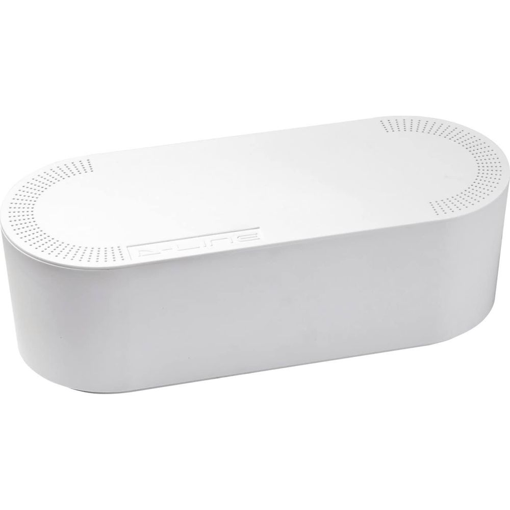 Un contenitore bianco per cavi con prese d'aria e logo.